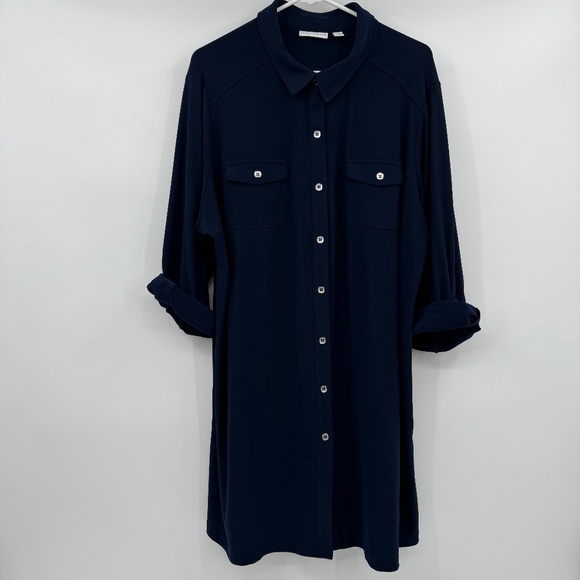 Susan Graver Dress Women 2X Blue Button Up Roll Tab Sleeve Stretch Office Casual - Picture 1 of 10